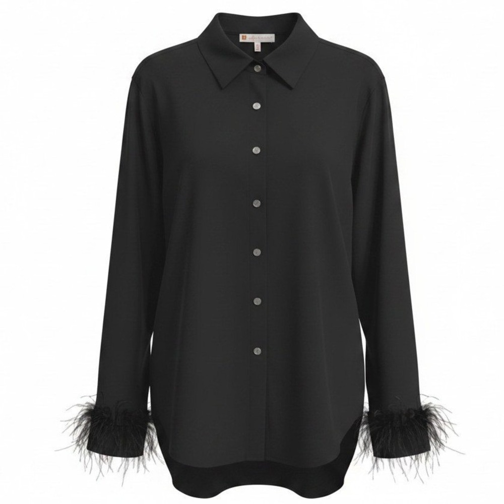 Jude Connally Black Blouse Ostrich Feather Cuff Size L